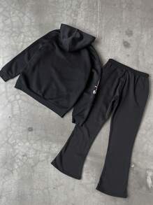 Manfinity EMRG 2pcs/Set Men's Casual Letter Print Drawstring Hooded Sweatshirt And Sweatpants Set - Black - View 2