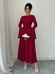 Rafferiza Robe élégante à manches évasées et col rond de couleur unie pour femmes, tenue maxi pour l'automne, le nouvel an - Rouge - Voir 3
