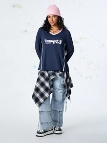 SHEIN Sports 大码撞色领口前片印花长袖运动 T 恤，秋冬款