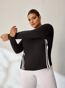 Easithlete 大码长袖圆领拼色条纹宽松运动上衣