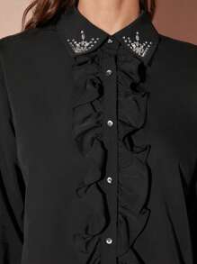 Enchnt Blus Wanita Kasual Elegan dengan Hiasan Ruffle dan Rhinestone, Musim Gugur - Hitam - View 3