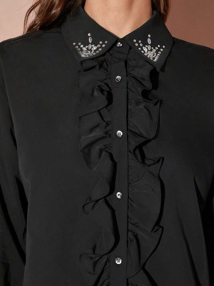 Women's Casual Elegant Ruffle Rhinestone Decor Blouse, Autumn