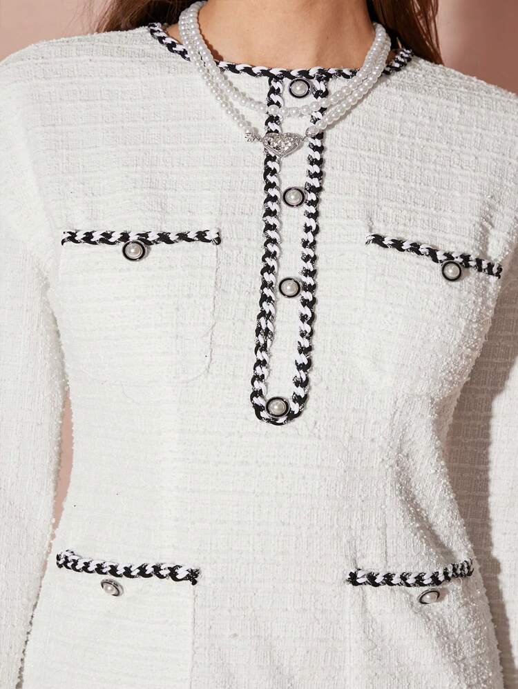 Autumn/Winter Romantic Women's White Pearl Button Design Long Sleeve Pleated Hem Elegant Short Tweed Dress,Winter Women Dresses