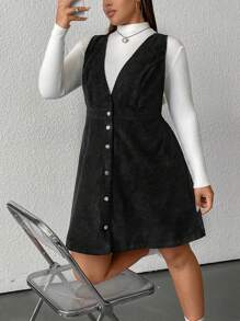 SHEIN EZwear Plus Size Solid Color Sleeveless Front Button Casual Dress, Autumn/Winter