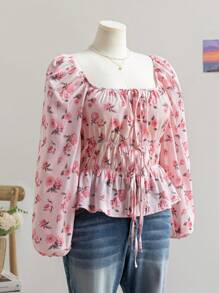 Soleia Plus Size Ladies Winter Christmas Women's Dresses, New Year's Eve Women's Dresses, Pink Cute Floral Square Neck Long Sleeve Shirt