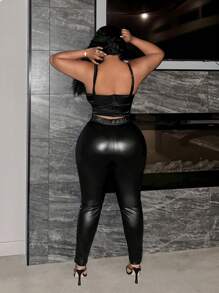 Slaydiva Elegant & Party & Gathering & Concert Black Color Pu Coated Splice Mesh Diamond Pattern Flocked Fabric Long Style Women Plus Size Leggings, Spring Autumn, For Winter - Black - View 3