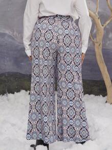 SHEIN VCAY Plus Size Print Waistband Tie Flared Pants, Bohemian Wild West Vacation Casual Trousers For Autumn - Multicolor - View 4