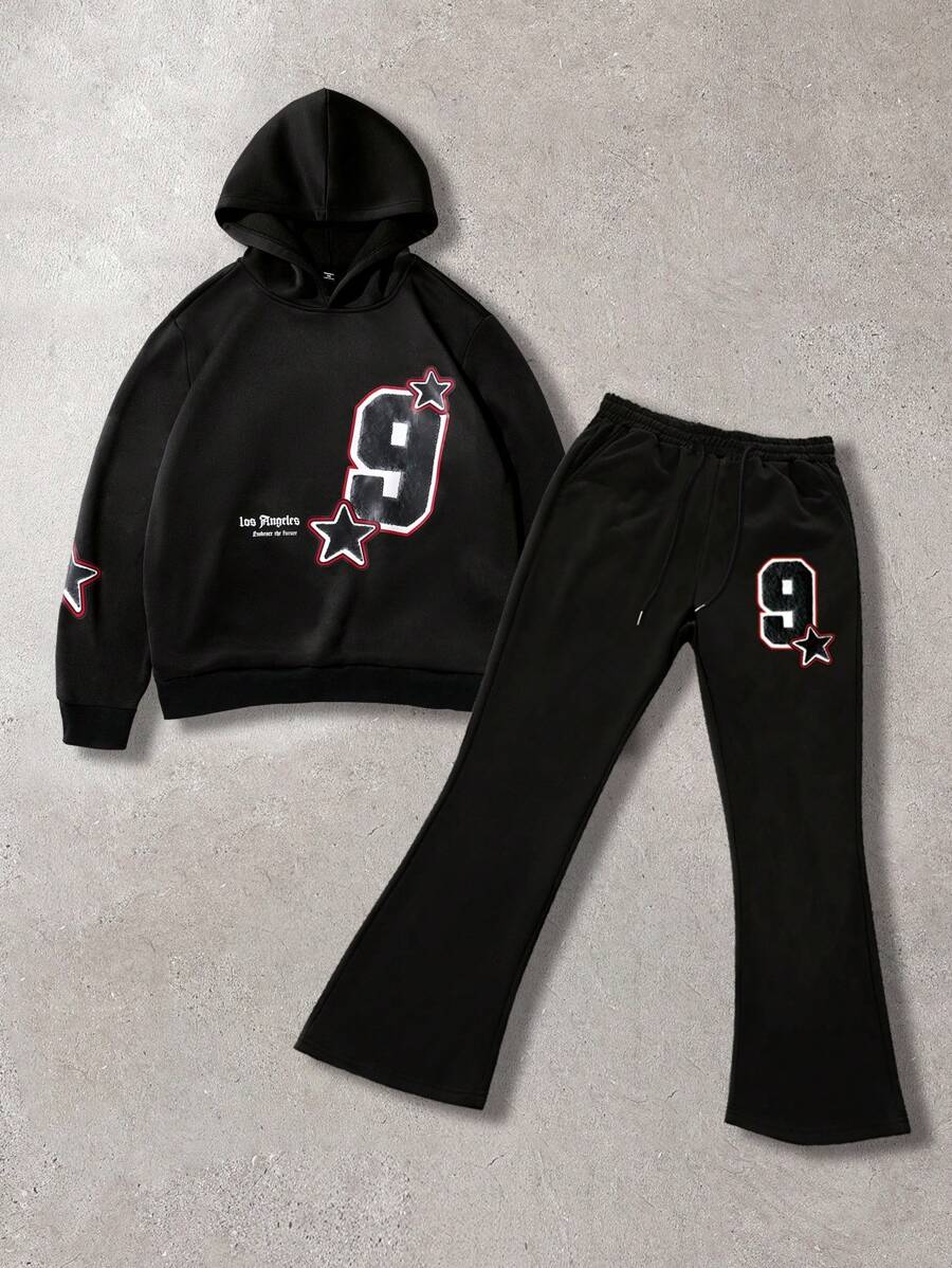 Manfinity Roghcode Plus Size Men Star & Number Print Hoodie & Sweatpants Set, Casual - Black - View 1