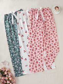 3pcs/Set Floral Cherry Pattern Sleepwear Bottoms - Multicolor - View 6