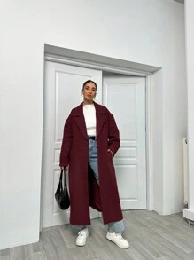 EURMUSE Lapel Neck Double Breasted Slant Pocket Waist Belt Tie-Up Woolen Overcoat - Burgundy - View 7