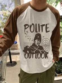 DAZY Men's Casual Contrastive Patchwork Person & Letter Print T-Shirt, Autumn - Grey - View 1