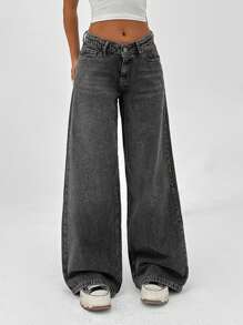 SHEIN Cottnline LOW RISE WIDELEG FIT DARK GREY Y2K STYLE JEAN - Dark Grey - View 5