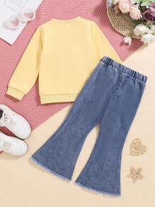 2pcs Young Girls Casual Fashion Round Neck Embroidered White Sweatshirt And Decorated Denim Jeans Set
