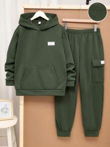 SHEIN 2pcs Kids/Tween Boy Casual Letter Graphic Hoodie Sweatshirt And Loose Drawstring Pants Knit Set, Suitable For Commuting, School, Casual, Vacation, Sports, Fit For Spring, Summer, Autumn, Winter Seasons
