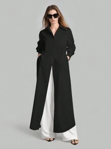 Ontre 2025 Autumn New Women's Casual Loose Vacation Matching Shirt, Black Long Shirt, Women's Shirt, Women's Button-Up Shirt, Commuting, Summer Business Casual Beach Birthday Party Outfit, Women's Teacher Uniform Shirt, Women's Office Wear - Black - View 8