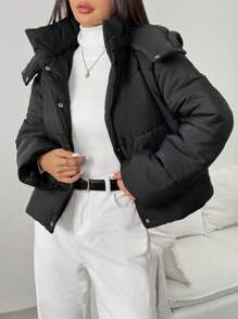 Chiquease 女士加厚连帽绗缝棉被夹棉大衣，保暖，适合秋冬季衣服 - 黑色 - 查看 1