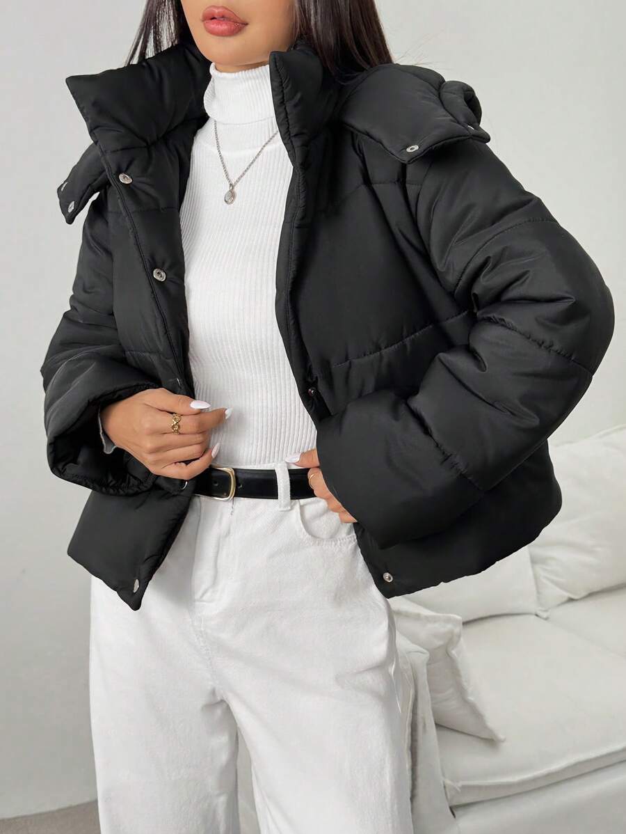 Chiquease 女士加厚连帽绗缝棉被夹棉大衣，保暖，适合秋冬季衣服 - 黑色 - 查看 1