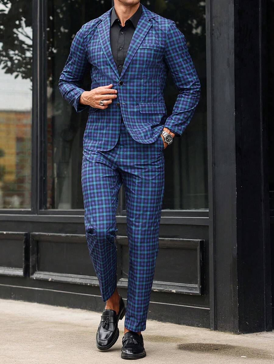 Manfinity Mode Men's Casual Checkered Suit Set - Navy Blue - View 1