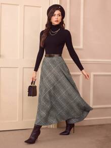 Vintamour Falda con estampado de cuadros de cintura alta estilo elegante y vintage con bolsillos para mujer, falda evasé casual para salir, fiestas, Navidad, otoño, atuendos de Acción de Gracias, de color marrón, burdeos, larga para otoño e invierno