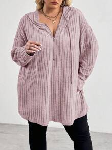 SHEIN CURVE+ بلوزة كاجوال فضفاضة مقاس كبير مزودة بغطاء رأس وسحاب نصفي مفتوح مع نسيج، للشتاء - الأرجواني - مشاهدة 1