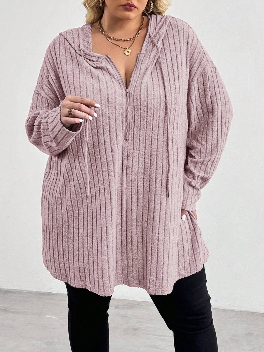 SHEIN CURVE+ بلوزة كاجوال فضفاضة مقاس كبير مزودة بغطاء رأس وسحاب نصفي مفتوح مع نسيج، للشتاء - الأرجواني - مشاهدة 1