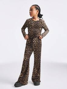 SHEIN Bộ 2 chiếc áo thun dài tay cổ tròn in họa tiết da báo và quần dài cho bé gái tuổi mới lớn, mùa thu - Nhiều màu - Xem 6