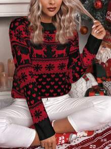 Chiquease Christmas Heart & Graphic Print Crew Neck Casual Pullover Sweater Knit Pullover Fall Winter - Multicolor - View 6