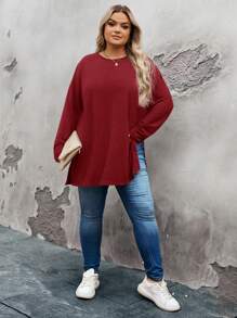 SHEIN CURVE+ 大码休闲基本款侧开衩羊绒汗衫，适合日常和居家穿着 - 紅色 - 查看 3