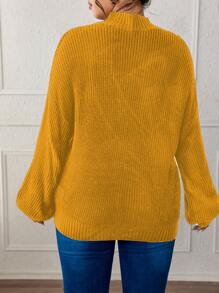 SHEIN LUNE Plus Size Colorblock Hollow-Out Splice Stand Collar Sweater, Casual For Autumn/Winter Knit Pullover Fall - Yellow - View 2
