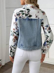 SHEIN LUNE Casual Floral Print Patchwork Denim Jacket, AutumnThermal Thickened Denim