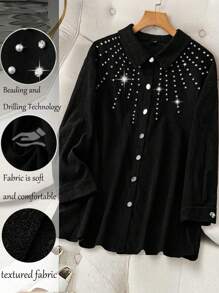 SHEIN Clasi Plus Size Women Casual Loose Rhinestone & Pearl Decorated Jacket, For Autumn - Black - View 1
