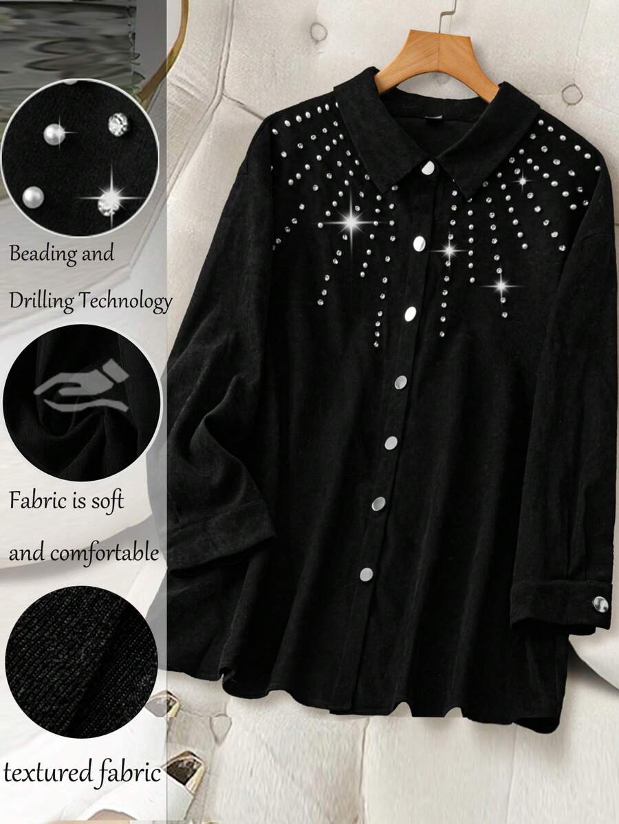 SHEIN Clasi Plus Size Women Casual Loose Rhinestone & Pearl Decorated Jacket, For Autumn - Black - View 1