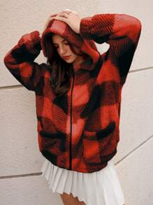 SHEIN EZwear 女式格子羊羔绒连帽长袖外套，秋冬季秋季服装 - 紅色 - 查看 6