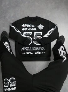 Manfinity EMRG 2pcs Men Casual Street Style Letter Flame Print Hoodie And Loose Fit Pants Set - Black - View 1