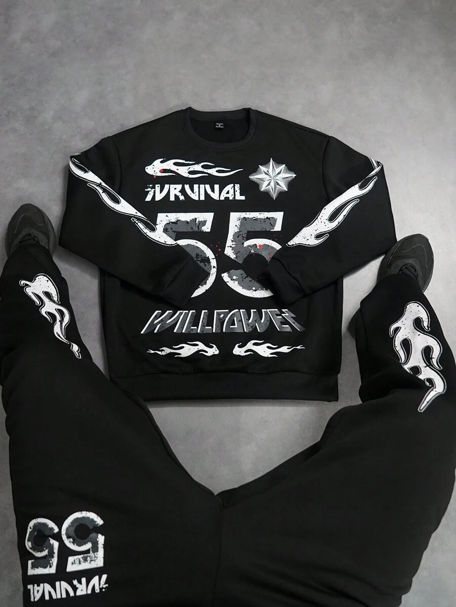 Manfinity EMRG 2pcs Men Casual Street Style Letter Flame Print Hoodie And Loose Fit Pants Set - Black - View 1