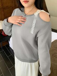 Dazy Petite Plus Damen Große Größen Lässig Kontrast Spitze Kordelzug Schulterfreier Loose Crew Neck Fleece Sweatshirt, Herbst/Winter, Damenmode