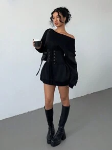 Chiquease 1 Áo nỉ vai chéo cho nữ có dây rút eo có thể tháo rời, áo hoodie dài tay lót nhiệt phong cách tối giản giản dị để mặc hàng ngày - màu đen - Xem 6