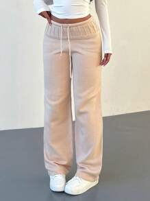 Aloruh Quần dài ống rộng dệt kim đơn sắc cạp rút cho nữ - Màu be - Xem 5