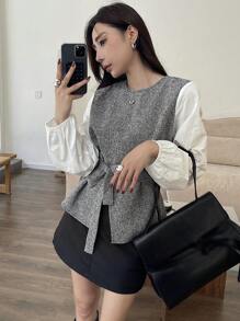 DAZY 女士拼色圆领束带衬衫、长袖上衣、秋装 - 灰色 - 查看 7