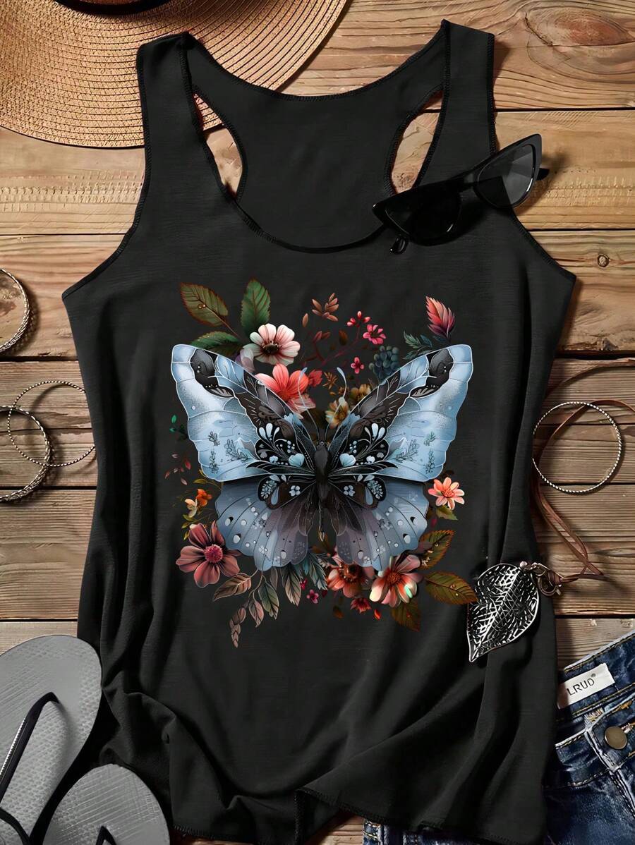 Luźny, minimalistyczny, damski top typu racerback z wzorem motyla, odpowiedni na lato