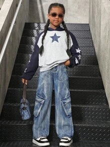 Tween Girl Casual Y2K Personality Slant Pocket Utility Washed Tie-Dye Loose Straight Leg Cargo Jeans, Streetwear Style
