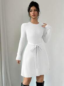 Chiquease 1pc Solid Color Fitted A-Line Midi Length Flare Sweater Dress