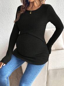 SHEIN Pregnant Women Solid Color Round Neck Long Sleeve Ribbed Nursing Top, For Maternity - Black - View 3