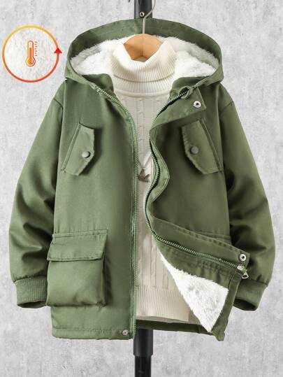 SHEIN Sudadera con capucha informal de manga larga con cremallera frontal y forro térmico de unicolor para niño preadolescente, otoño/invierno