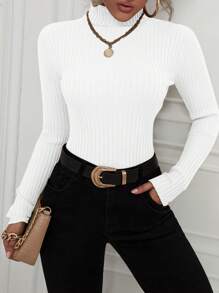 EMERY ROSE Classic Solid High Collar Ribbed Knit Casual Long Sleeve Pullover Sweater, Long Sleeve Top Knit Pullover Fall Winter - White - View 6