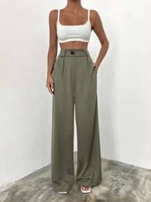 SHEIN Cottnline 纯棉高腰阔腿西装裤 - 軍綠色 - 查看 3