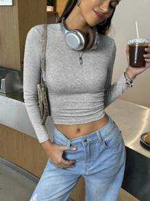 INAWLY 女士纯色圆领休闲长袖套头 T 恤 - 淺灰色 - 查看 5