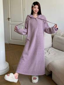 DAZY 冬季保暖简约保暖罗纹针织连帽宽松家居服，保暖内衬，适合秋冬季节，蓬松舒适，睡衣款式。 - 紫色 - 查看 5