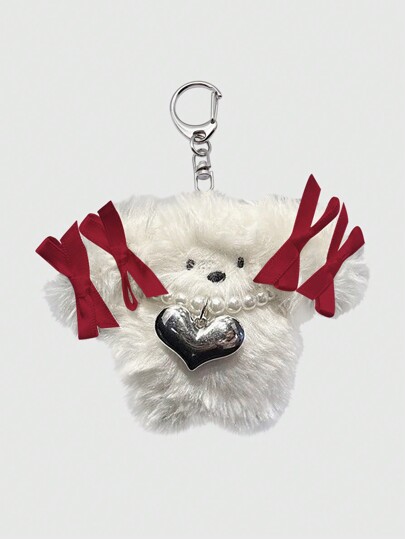 Kawaii 1 pieza Lindo perrito de peluche estilo coreano con lazo y charm de perla, llavero para auriculares, llaves, San Valentín