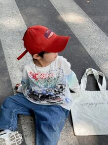 SHEIN 1 件年轻男孩休闲汽车和字母渐变印花长袖 T 恤，适合外出、上学、日常聚会、派对、秋冬季 - 白色 - 查看 8